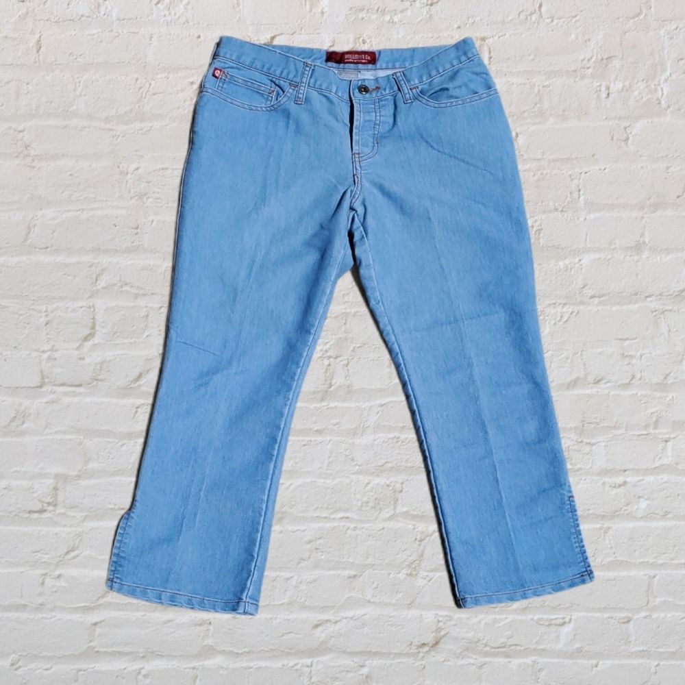 Hollister Button Fly Blue Split Hem Cropped Jeans